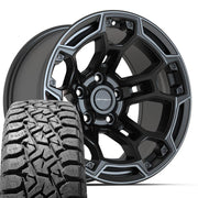 Set(5) 17x9 DF03 Satin Black with Dark Satin Charcoal 2-Tone - 5x127 -12ET with 33x12.50r17 TBB TS-57 RT Tires
