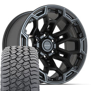 Set(4) 18x9 DF03 Satin Black with Dark Satin Charcoal 2-Tone - 6x139.7 -12ET with 275/65r18 Sailun TerraMax AT2 Tires