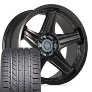 Set(4) 22x10 DF07 Satin Black - 6x139.7 -12ET with 285/45r22 Goodyear Eagle Sport Tires