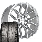 Set(4) 22x9 DF18A Gloss Silver Machined - 6x139.7 +18ET with 285/45r22 Goodyear Eagle Touring Tires