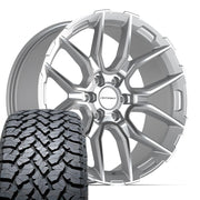 Set(4) 22x9 DF18C Gloss Silver Machined - 6x135 +18ET with 285/45r22 TBB TS-37 AT Tires
