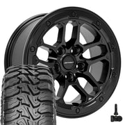 Set(4) 17x8 DF01 Satin Black - 5x127 +12ET with 33X12.50r17 Nexen Roadian MTX Tires &amp; TPMS
