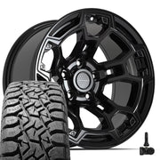 Set(5) 17x9 DF03 Gloss Black - 5x127 -12ET with 33x12.50r17 TBB TS-57 RT Tires &amp; TPMS