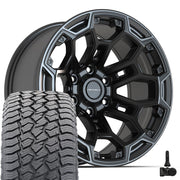 Set(4) 18x9 DF03 Satin Black with Dark Satin Charcoal 2-Tone - 6x139.7 -12ET with 275/65r18 Sailun TerraMax AT2 Tires &amp; TPMS
