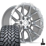 Set(4) 20x9 DF18A Gloss Silver Machined - 6x139.7 +18ET with 275/55r20 TBB TS-37 AT Tires &amp; TPMS