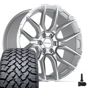 Set(4) 22x9 DF18B Gloss Silver Machined - 6x139.7 +18ET with 285/45r22 TBB TS-37 AT Tires &amp; TPMS